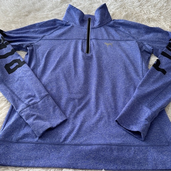 Victoria’s Secret PINK Quarter Zip Pullover Blue Heather Logo Sleeve Size L - Picture 12 of 15